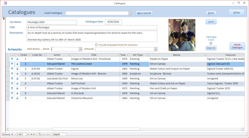screenshot of Artwork Collection Database